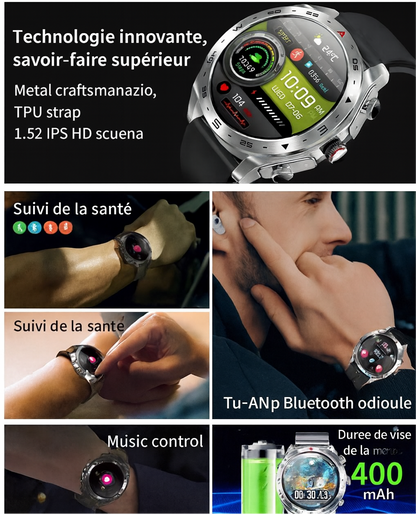 Montre Connectée T95 avec Écouteurs Bluetooth Intégrés. Élégant & Technologies avec 2 Bracelets doux, légers et confortables